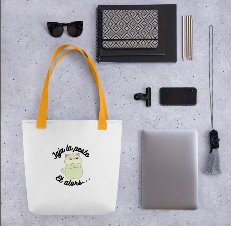 Sac tote avec logo "Jaja la peste" pour la boutique Sellfy, idéal pour accessoires et shopping éco-r.